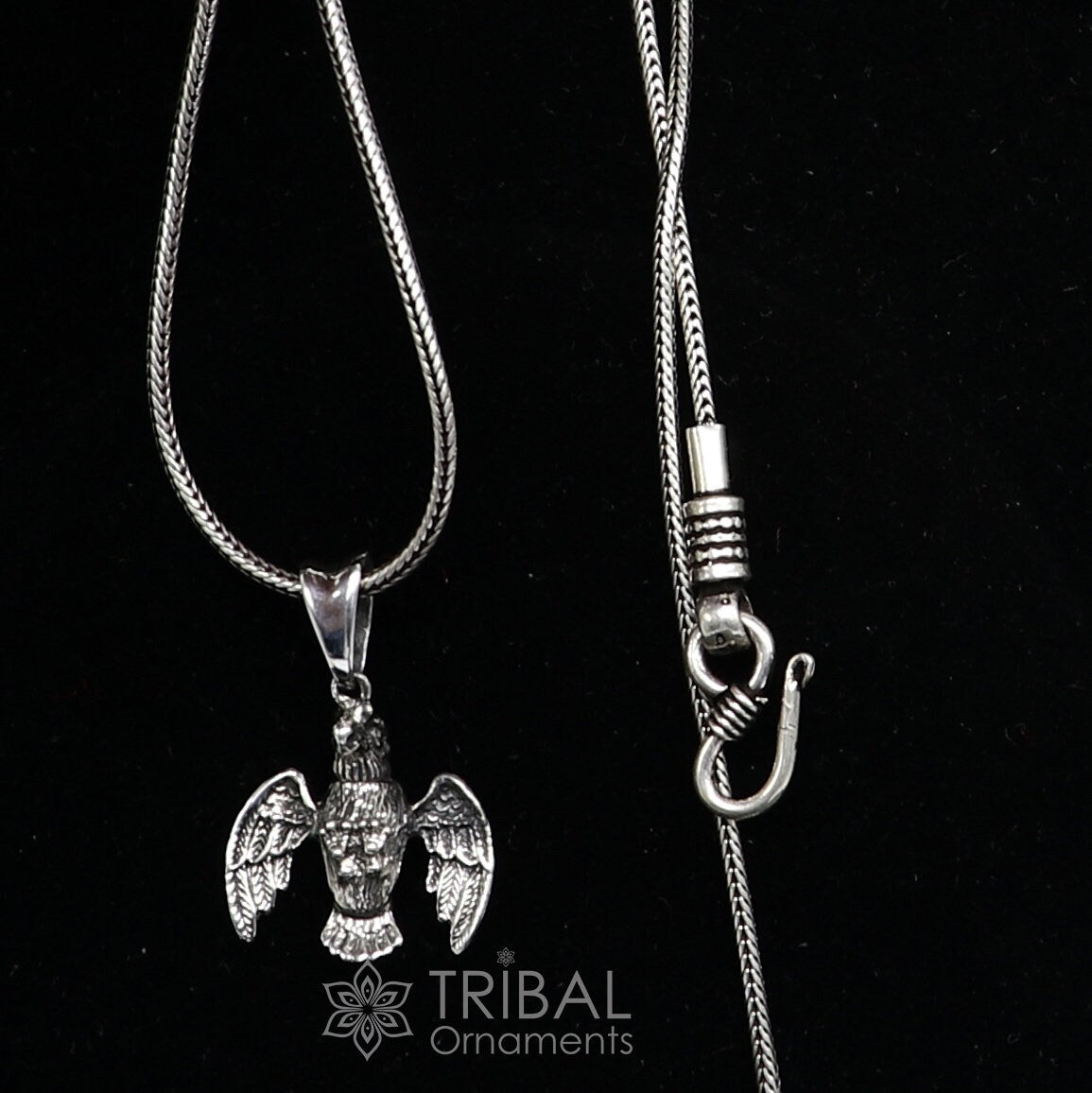 Sterling silver handmade eagle design pendant necklace by TRIBAL ORNAMENTS, delicate unisex Garuda pendant jewelry.
