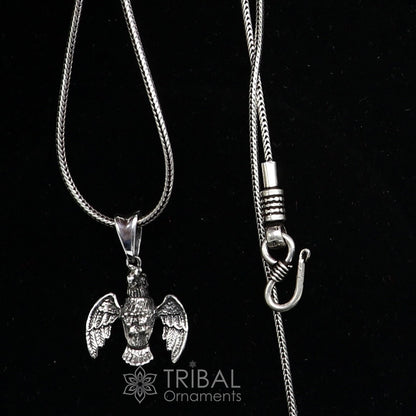 Sterling silver handmade eagle design pendant necklace by TRIBAL ORNAMENTS, delicate unisex Garuda pendant jewelry.