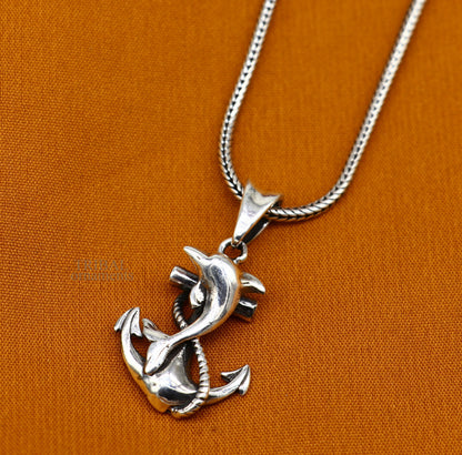 925 sterling silver dolphin with anchor pendant from TRIBAL ORNAMENTS, handmade good luck jewelry, elegant divine silver pendant.