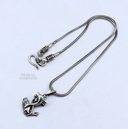 925 sterling silver dolphin with anchor pendant, tribal ornaments good luck jewelry, elegant handmade silver necklace accessory