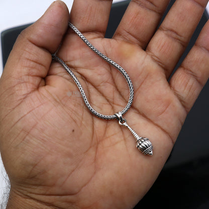 925 sterling silver Hanuman Gada pendant, handmade tribal ornament symbolizing power, wisdom, and resilience.