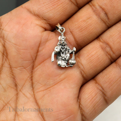 925 sterling silver Lord Hanuman pendant, handmade unisex Hindu god jewelry by TRIBAL ORNAMENTS, detailed design for gifting or personal wear.