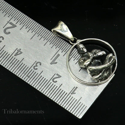 925 sterling silver Lord Hanuman sitting pendant, handmade unisex Hindu jewelry, detailed tribal ornament craftsmanship.