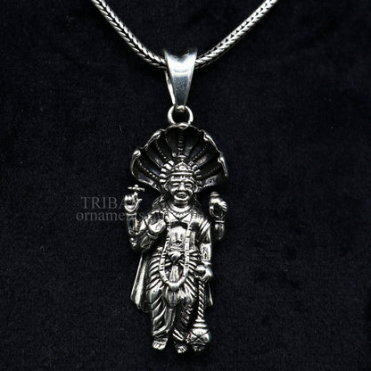 925 sterling silver God Vishnu pendant featuring Hindu idol, unisex divine Narayanan jewelry, handmade tribal ornament accessory.