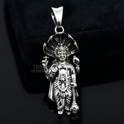 Sterling silver Vishnu pendant featuring Hindu deity Narayanan, unisex handmade jewelry by Tribal Ornaments.