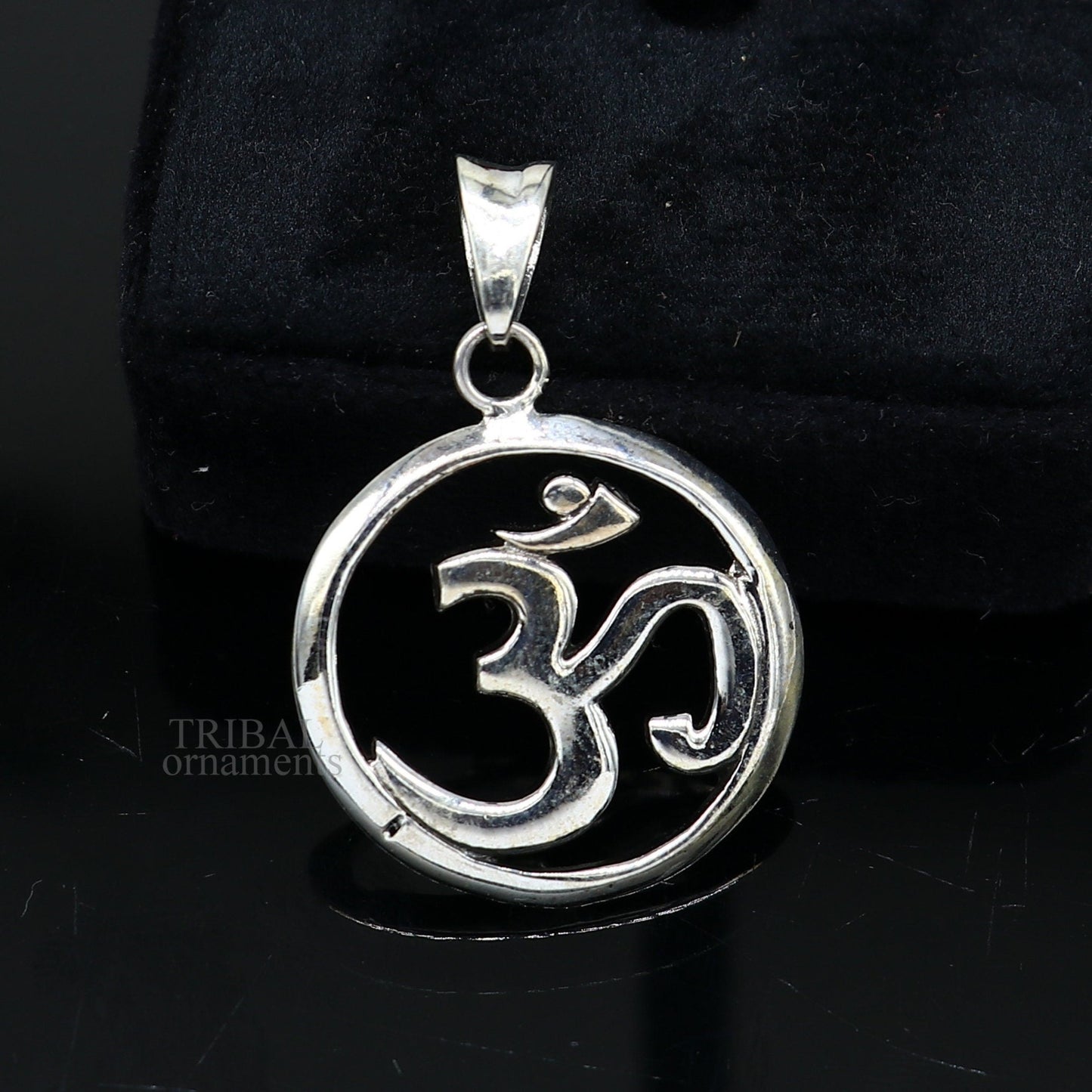 Sterling silver 'Aum' OM pendant featuring Hindu mantra, handmade tribal jewelry, personalized good luck pendant by TRIBAL ORNAMENTS.