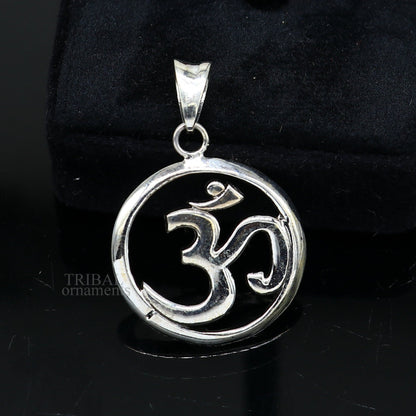 Sterling silver 'Aum' OM pendant featuring Hindu mantra, handmade tribal jewelry, personalized good luck pendant by TRIBAL ORNAMENTS.