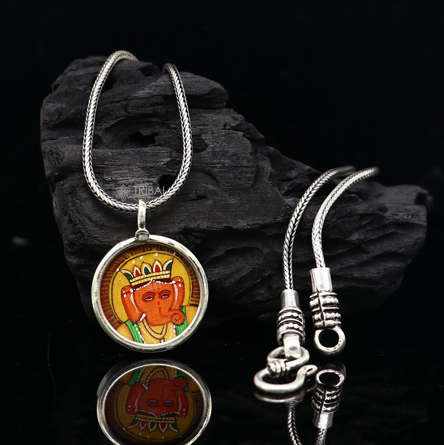 Sterling silver handmade Ganesha pendant featuring divine Lord painting, unisex jewelry gift from Tribal Ornaments.