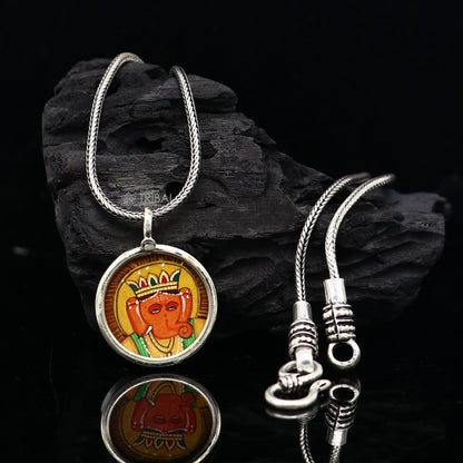 Sterling silver handmade Ganesha pendant featuring divine Lord painting, unisex jewelry gift from Tribal Ornaments.