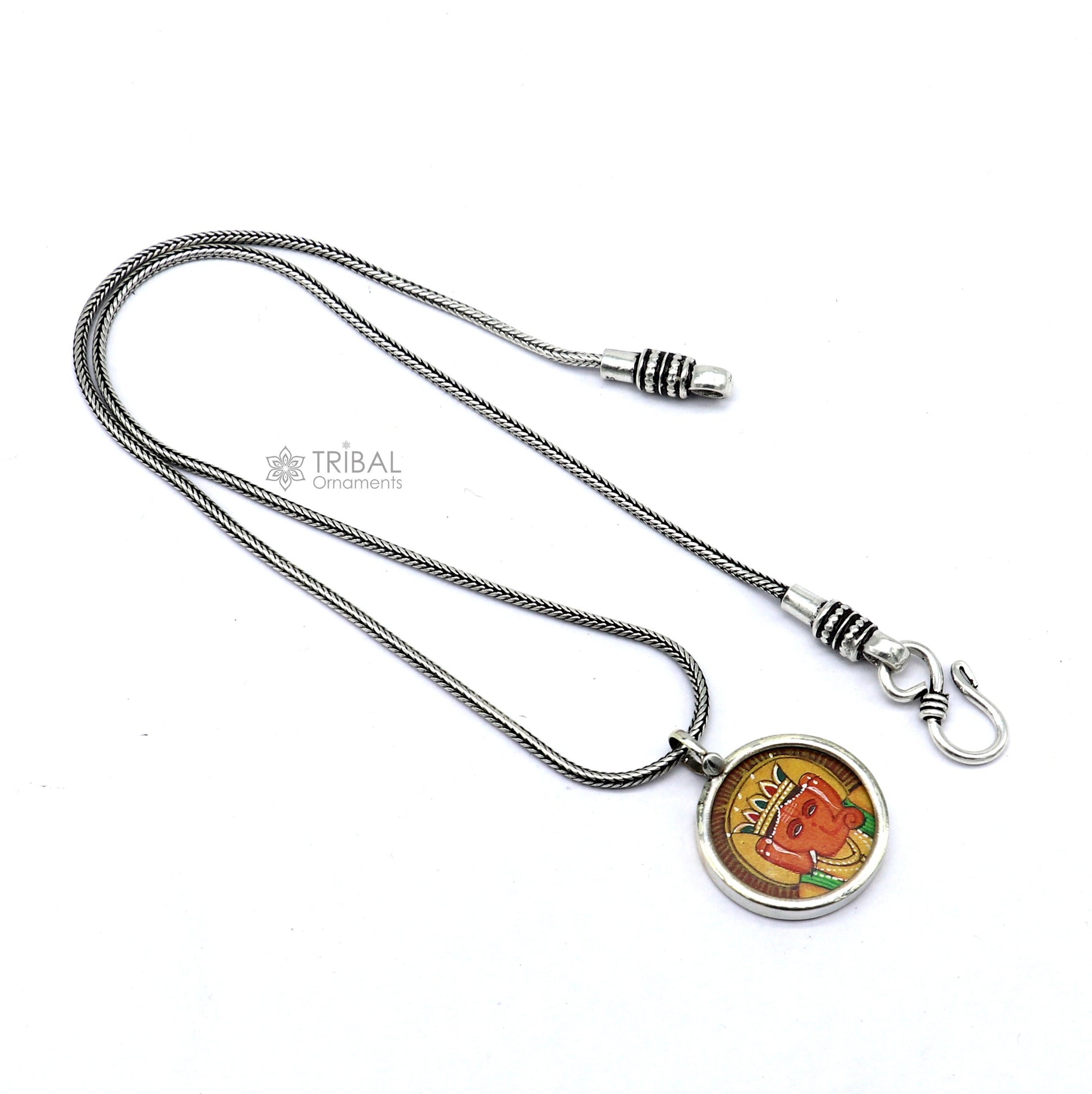 925 sterling silver handmade Ganesha pendant featuring divine Lord painting, unisex jewelry suitable for gifting by Tribal Ornaments