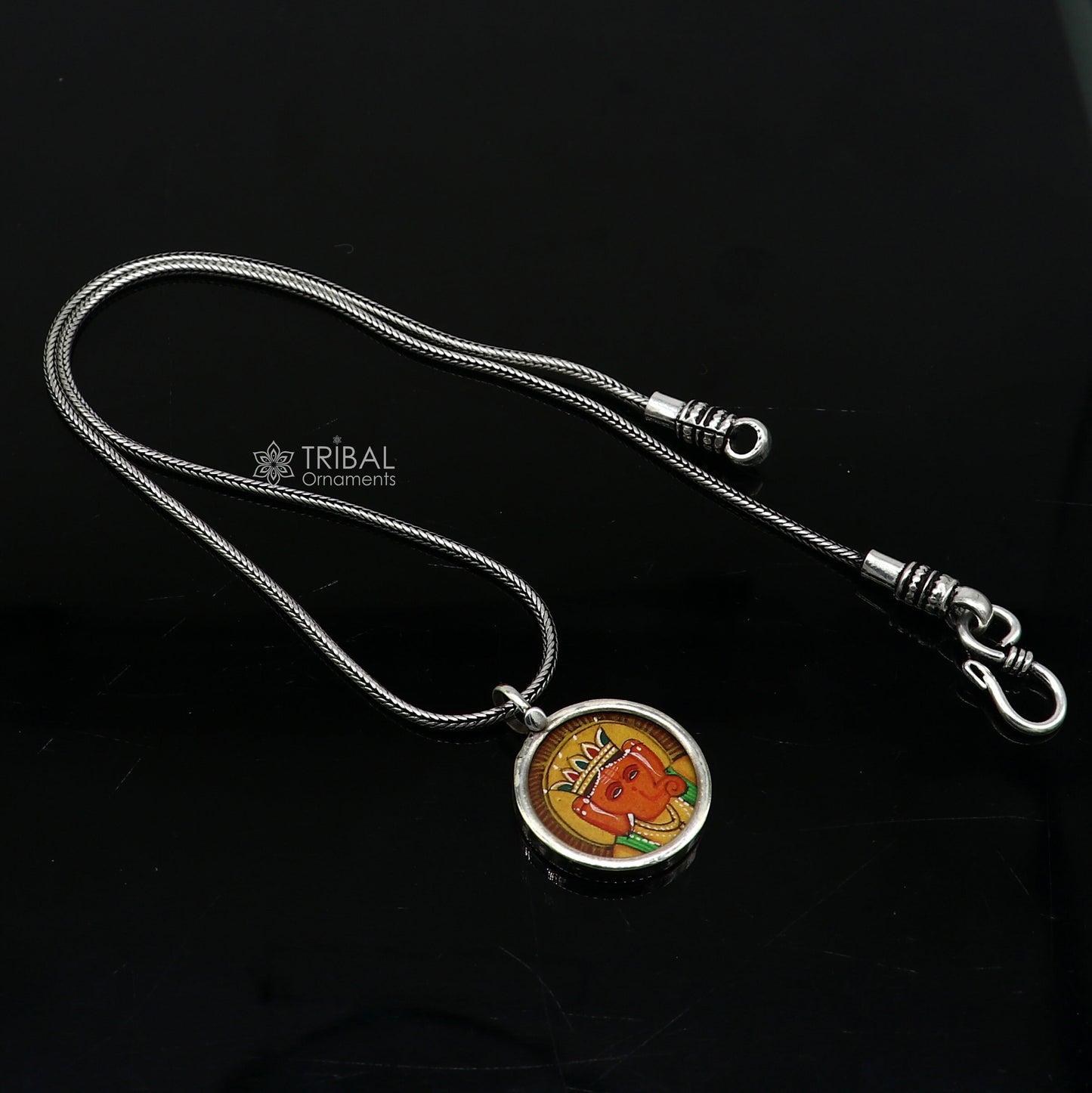 925 sterling silver handmade Ganesha pendant featuring divine Lord painting, unisex jewelry by TRIBAL ORNAMENTS.