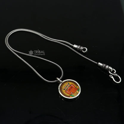 925 sterling silver handmade Ganesha pendant featuring divine Lord painting, unisex jewelry by TRIBAL ORNAMENTS.