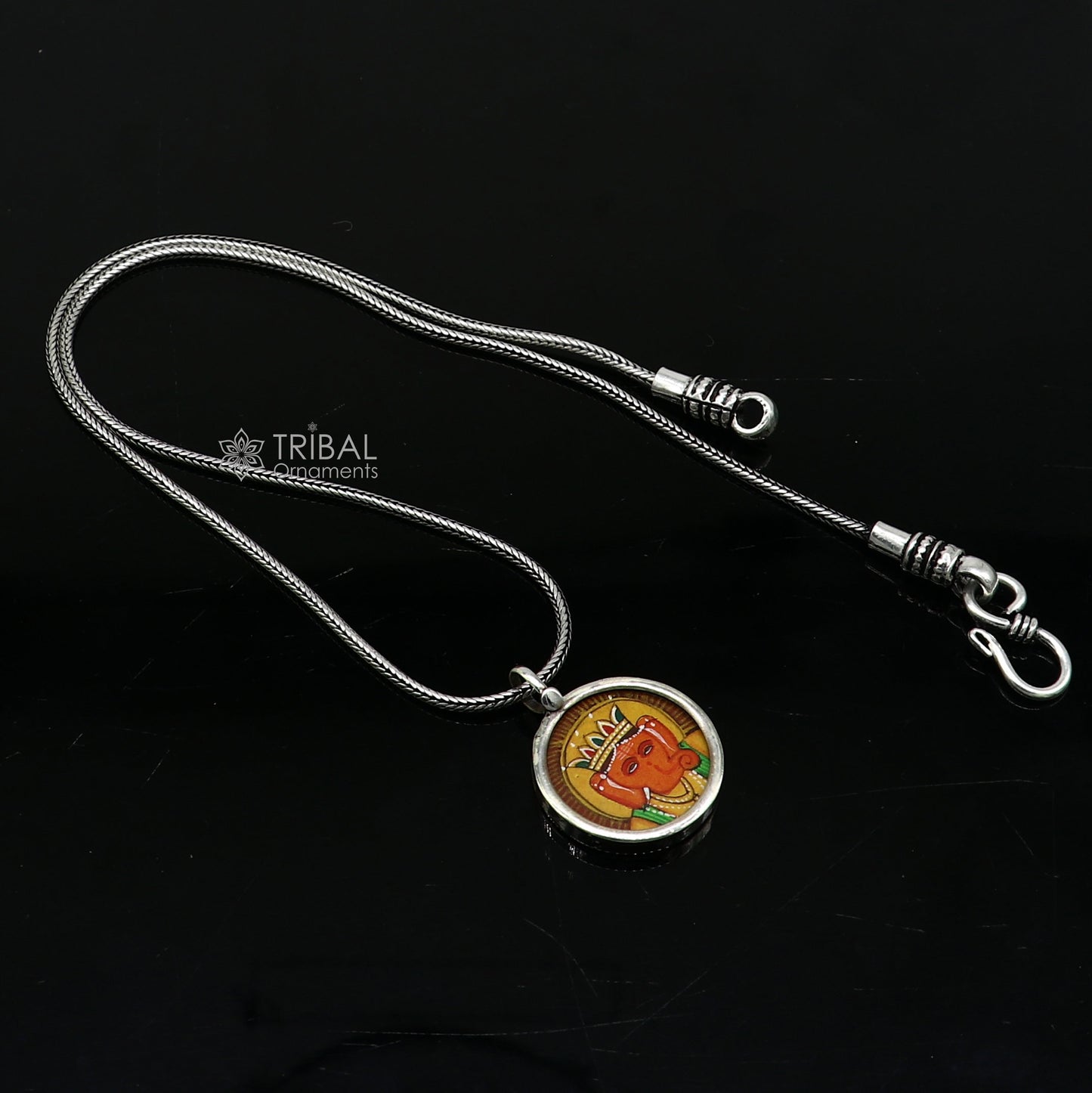 925 sterling silver handmade Ganesha pendant featuring divine Lord painting, unisex jewelry design by TRIBAL ORNAMENTS.