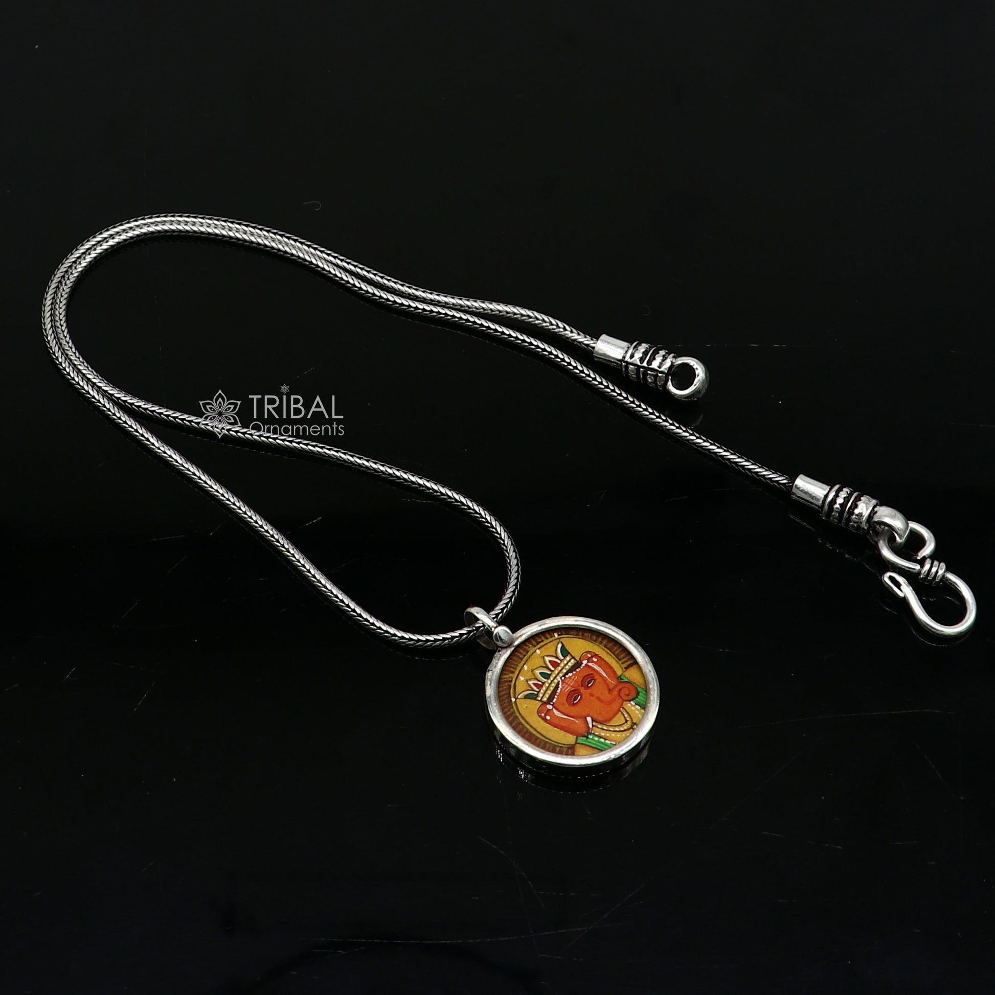 925 sterling silver handmade Ganesha pendant featuring divine Lord painting, unisex jewelry design by TRIBAL ORNAMENTS.