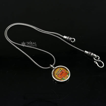 925 sterling silver handmade Ganesha pendant featuring divine Lord painting, unisex jewelry design by TRIBAL ORNAMENTS.