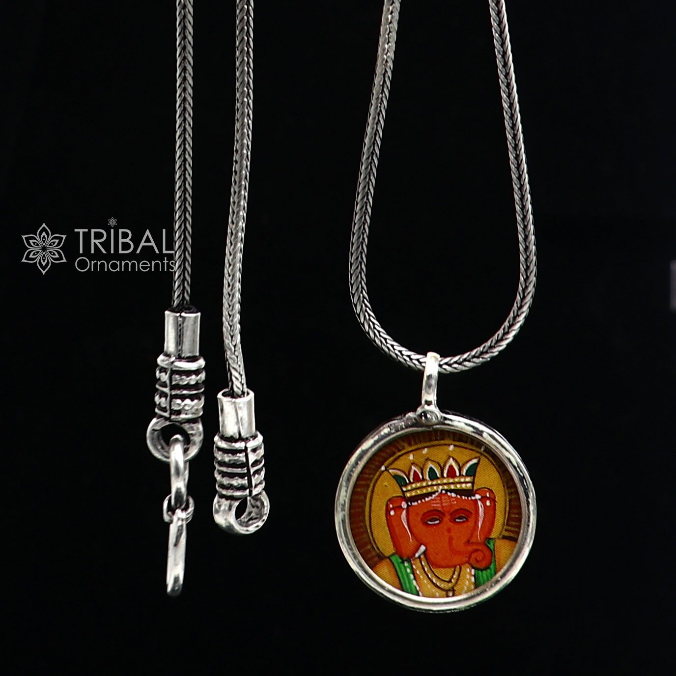 925 sterling silver handmade Ganesha pendant featuring divine Lord painting, unisex jewelry gift, tribal ornaments design.