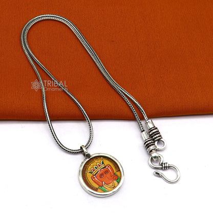 Sterling silver handmade Ganesha pendant featuring divine Lord painting, unisex jewelry gift from Tribal Ornaments.