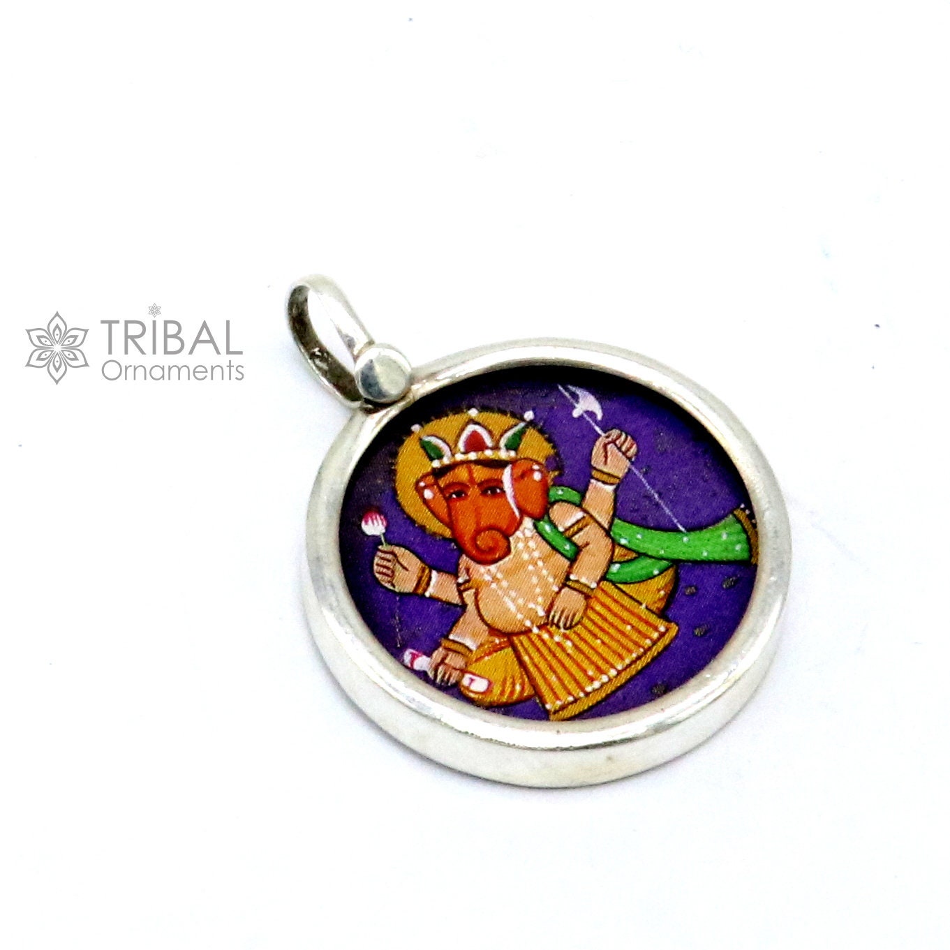 Sterling silver handmade Ganesha pendant featuring divine Lord painting, unisex jewelry by Tribal Ornaments.