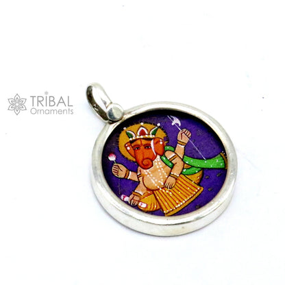 Sterling silver handmade Ganesha pendant featuring divine Lord painting, unisex jewelry by Tribal Ornaments.