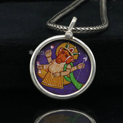 925 sterling silver handmade Ganesha pendant featuring divine Lord Ganesha painting, unisex jewelry gift from TRIBAL ORNAMENTS.