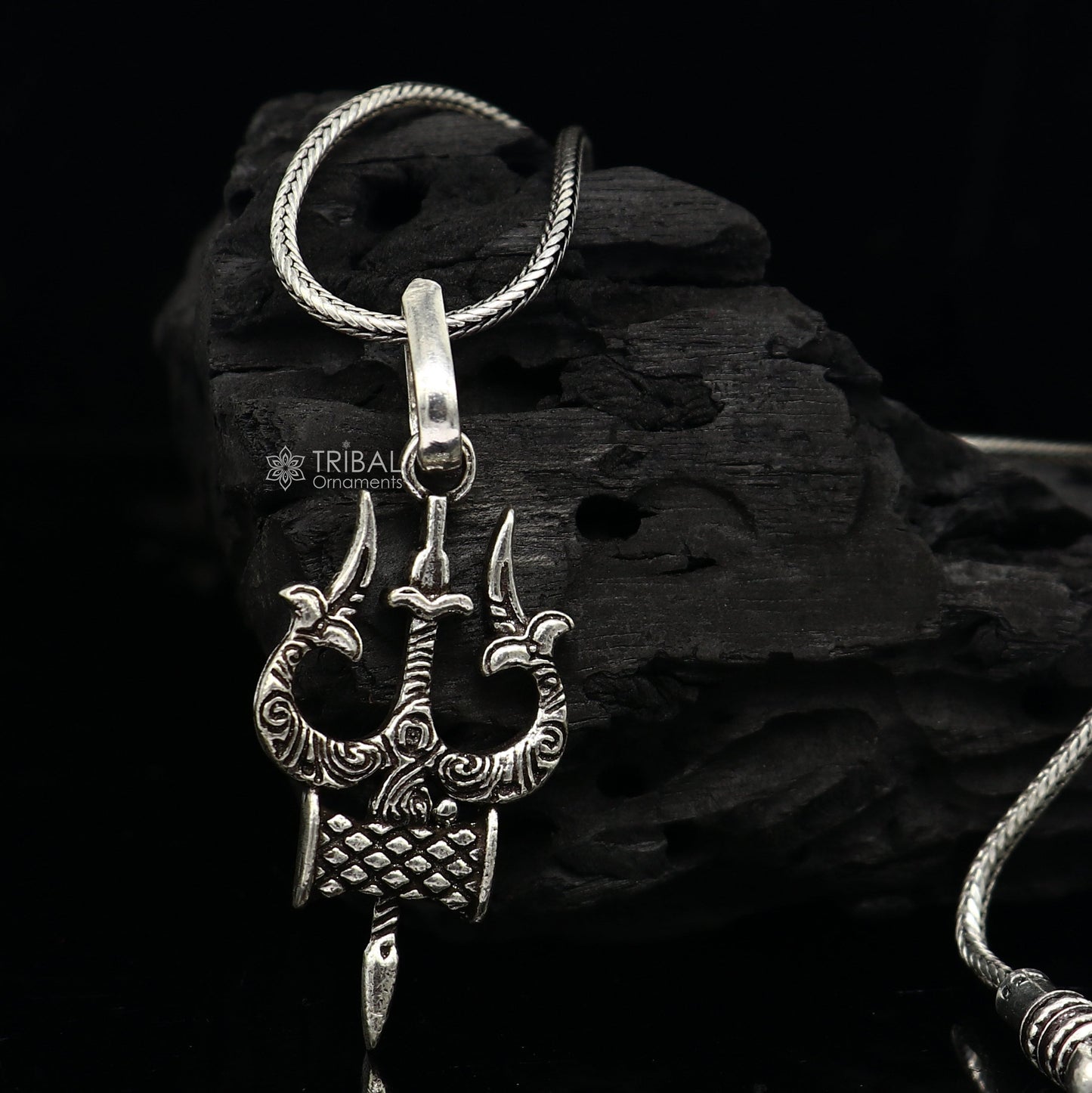 Handmade 925 sterling silver Lord Shiva trident pendant, divine Mahadeva idol jewelry, unisex gifting jewelry by Tribal Ornaments.