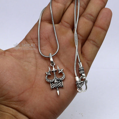 925 sterling silver handmade Lord Shiva trident pendant featuring divine idol, unisex design, ideal for spiritual jewelry or gifting.