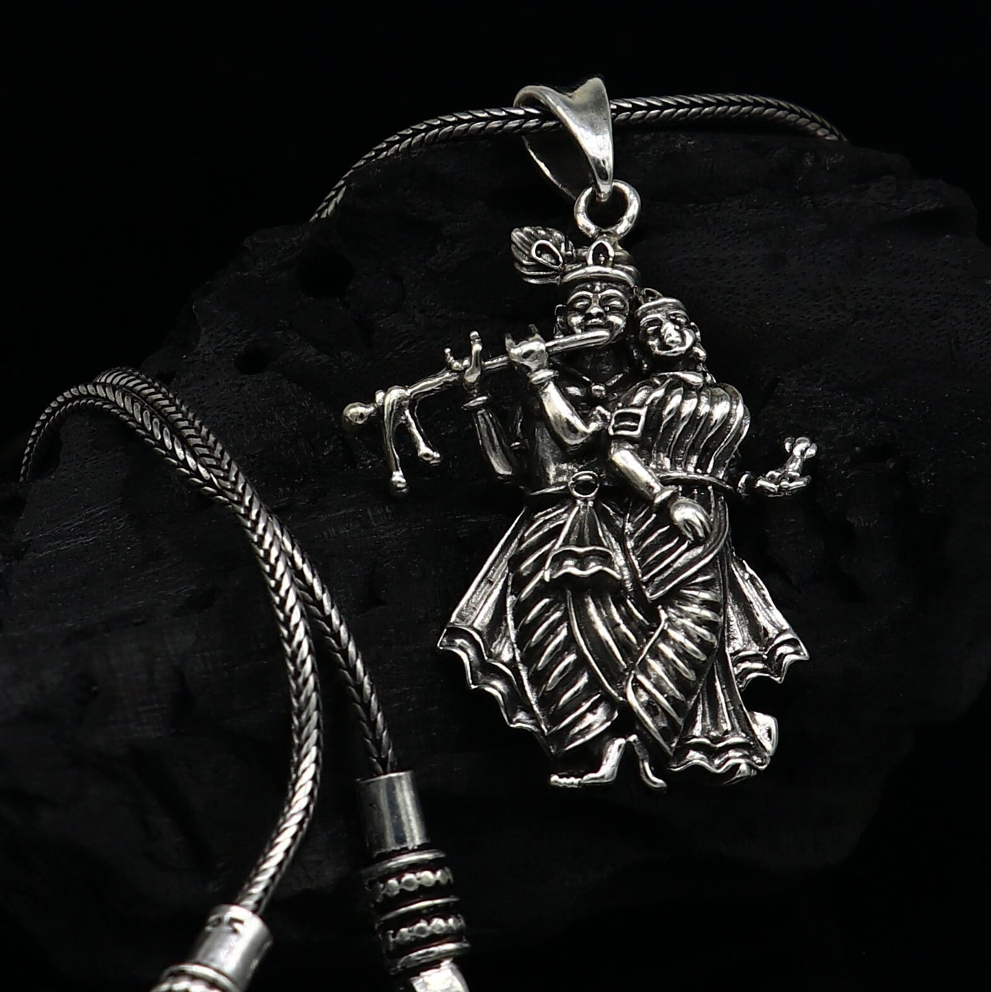 Sterling silver handmade Radha Krishna tiny pendant, unisex tribal jewelry, personalized jewelry, detailed tribal ornament design.
