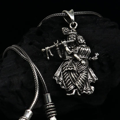 Sterling silver handmade Radha Krishna tiny pendant, unisex tribal jewelry, personalized jewelry, detailed tribal ornament design.