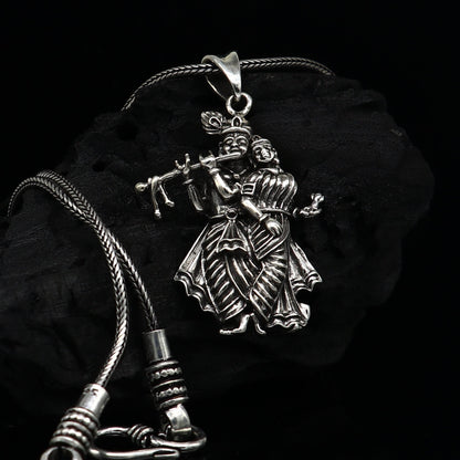 Tiny 925 sterling silver Radha Krishna idol pendant, handmade unisex tribal jewelry, personalized jewelry, tribal ornaments.