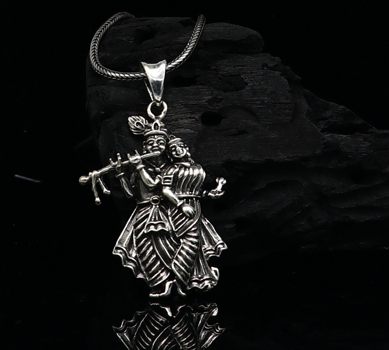 Sterling silver handmade Radha Krishna tiny pendant, unisex tribal jewelry, personalized silver idol pendant by Tribal Ornaments.