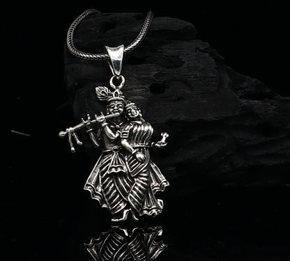 Sterling silver handmade Radha Krishna tiny pendant, unisex tribal jewelry, personalized silver idol pendant by Tribal Ornaments.