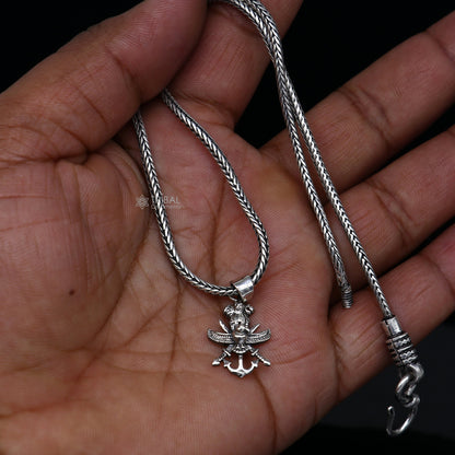 Sterling silver Indian Army TRI FORCE symbol pendant, handmade tribal jewelry for army enthusiasts, unique design for gifting.
