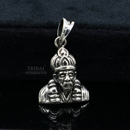 Sterling silver Sai Baba pendant, handmade unisex jewelry, detailed Indian idol design, personalized tribal ornament accessory.