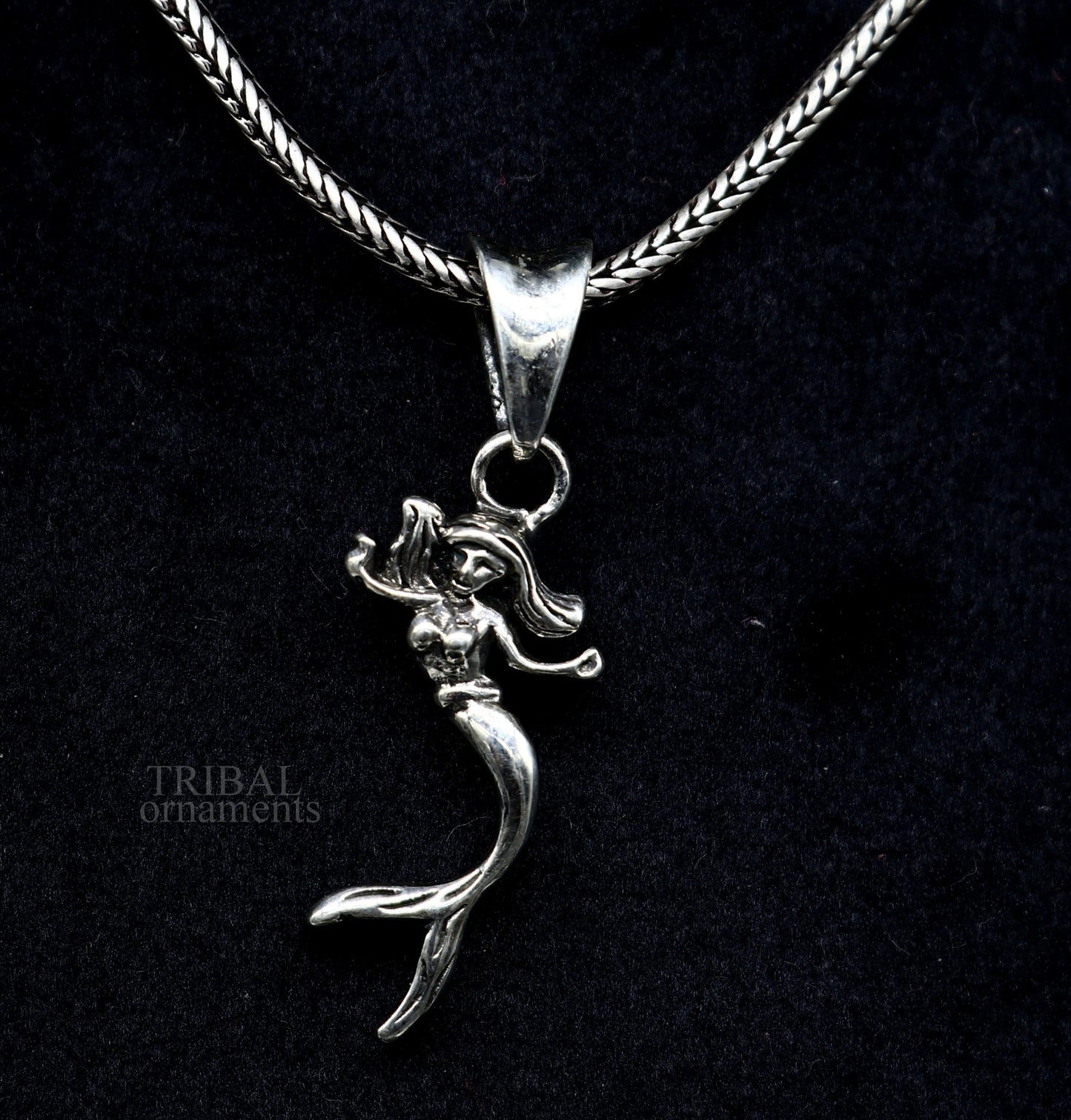 Sterling silver Jalpari mermaid pendant by Tribal Ornaments, handmade unisex jewelry, detailed mermaid design for elegant gifting.