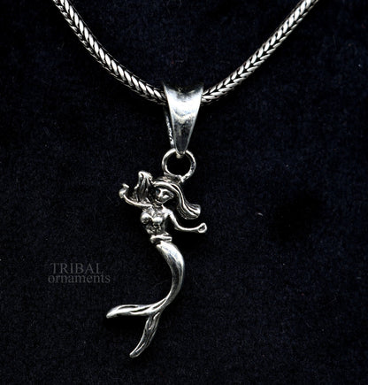 Sterling silver Jalpari mermaid pendant by Tribal Ornaments, handmade unisex jewelry, detailed mermaid design for elegant gifting.