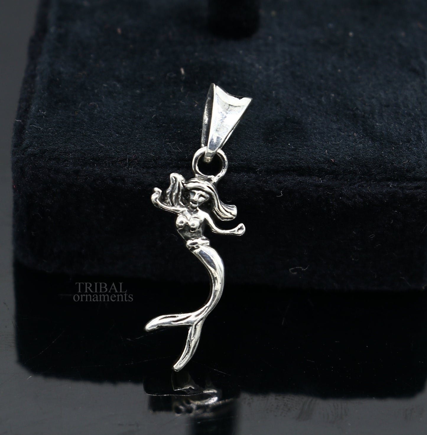 925 sterling silver Jalpari mermaid pendant by TRIBAL ORNAMENTS, handcrafted unisex jewelry featuring a detailed mermaid design.