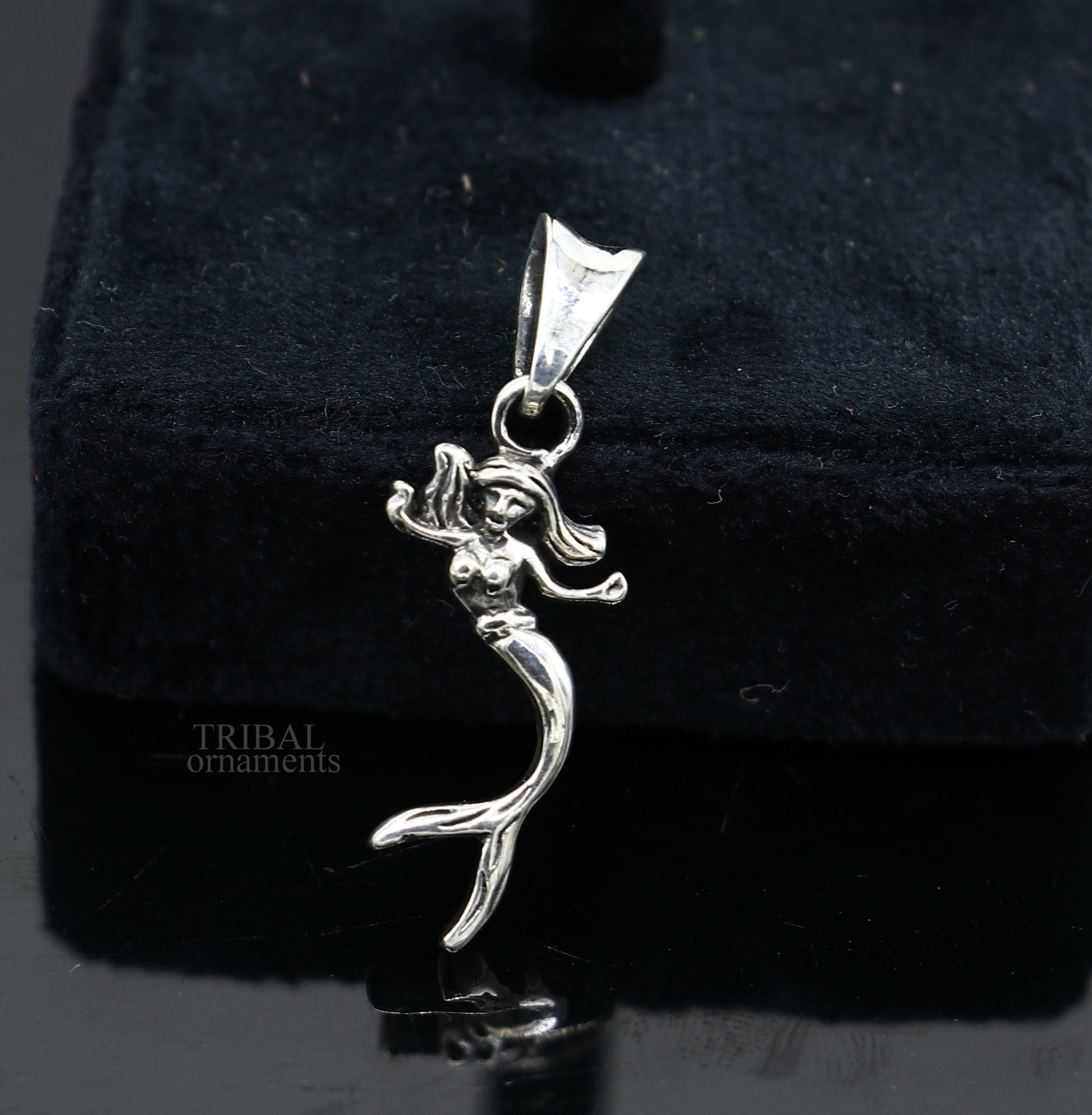 925 sterling silver Jalpari mermaid pendant by TRIBAL ORNAMENTS, handcrafted unisex jewelry featuring a detailed mermaid design.