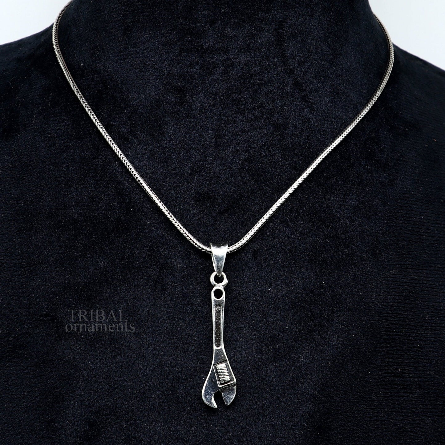 925 sterling silver small spanner pendant with unisex tool design by TRIBAL ORNAMENTS, handmade divine jewelry accessory.