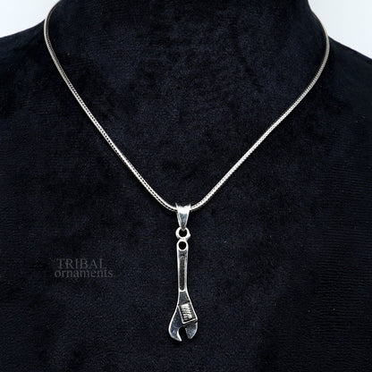 925 sterling silver small spanner pendant with unisex tool design by TRIBAL ORNAMENTS, handmade divine jewelry accessory.