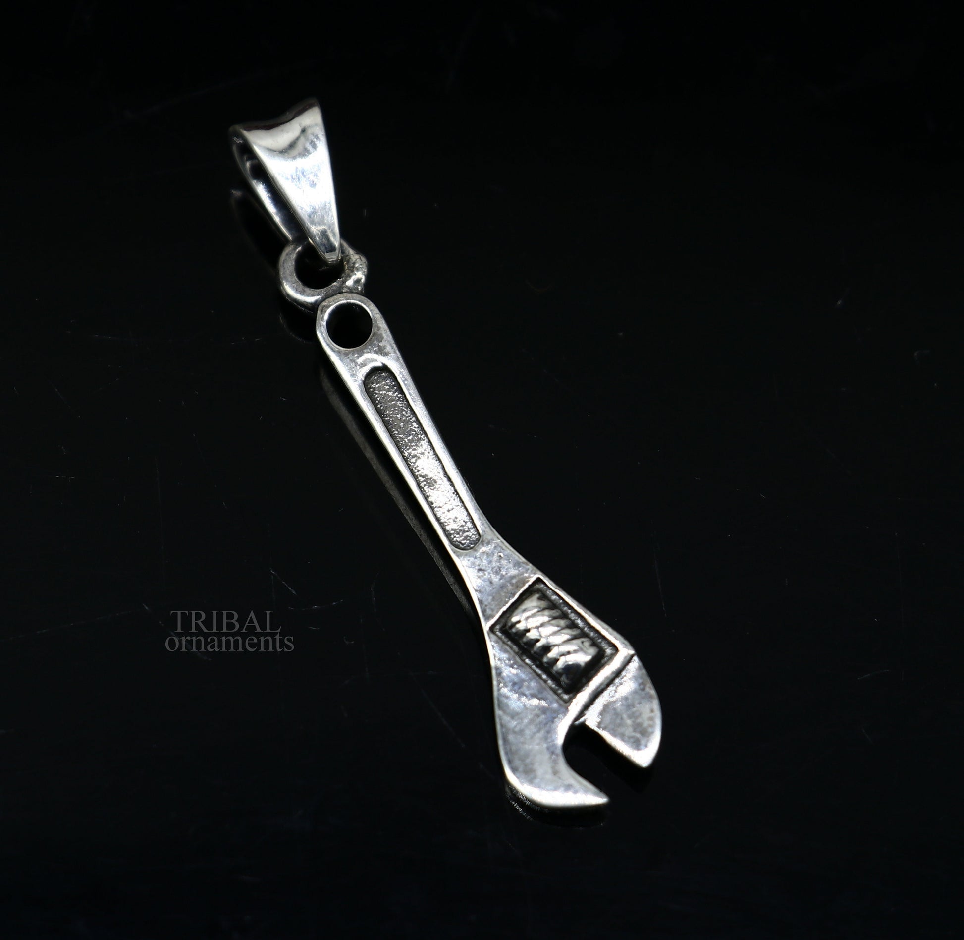 925 sterling silver small tool spanner pendant by TRIBAL ORNAMENTS, unisex divine jewelry with handcrafted spanner design.