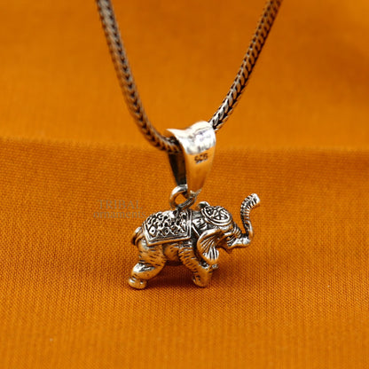 925 sterling silver small elephant pendant by TRIBAL ORNAMENTS, handmade jewelry with intricate solid design, perfect for gifting.