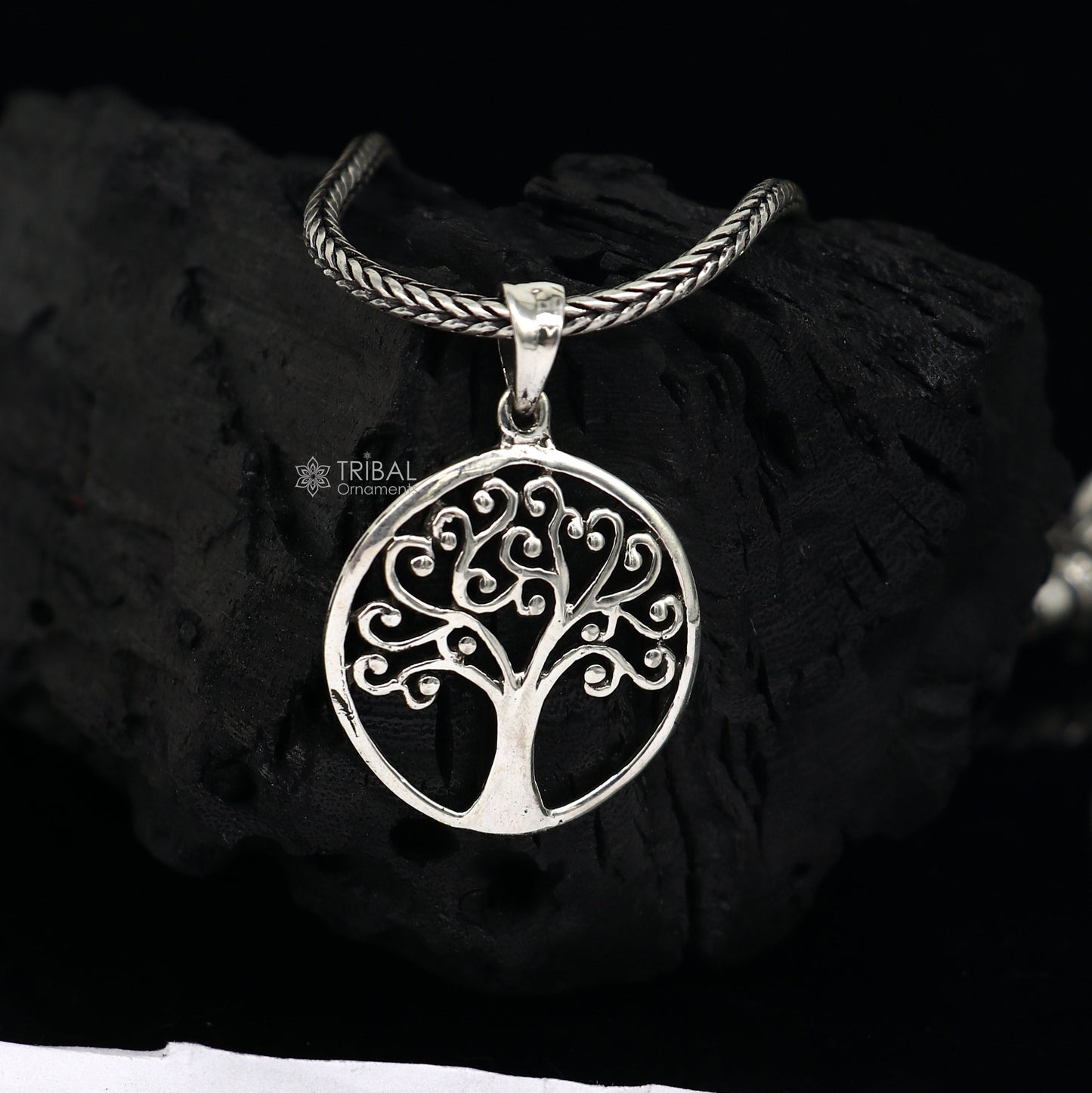 Sterling silver TREE pendant by TRIBAL ORNAMENTS, handmade jewelry from India, featuring intricate tree design for elegant gifting.