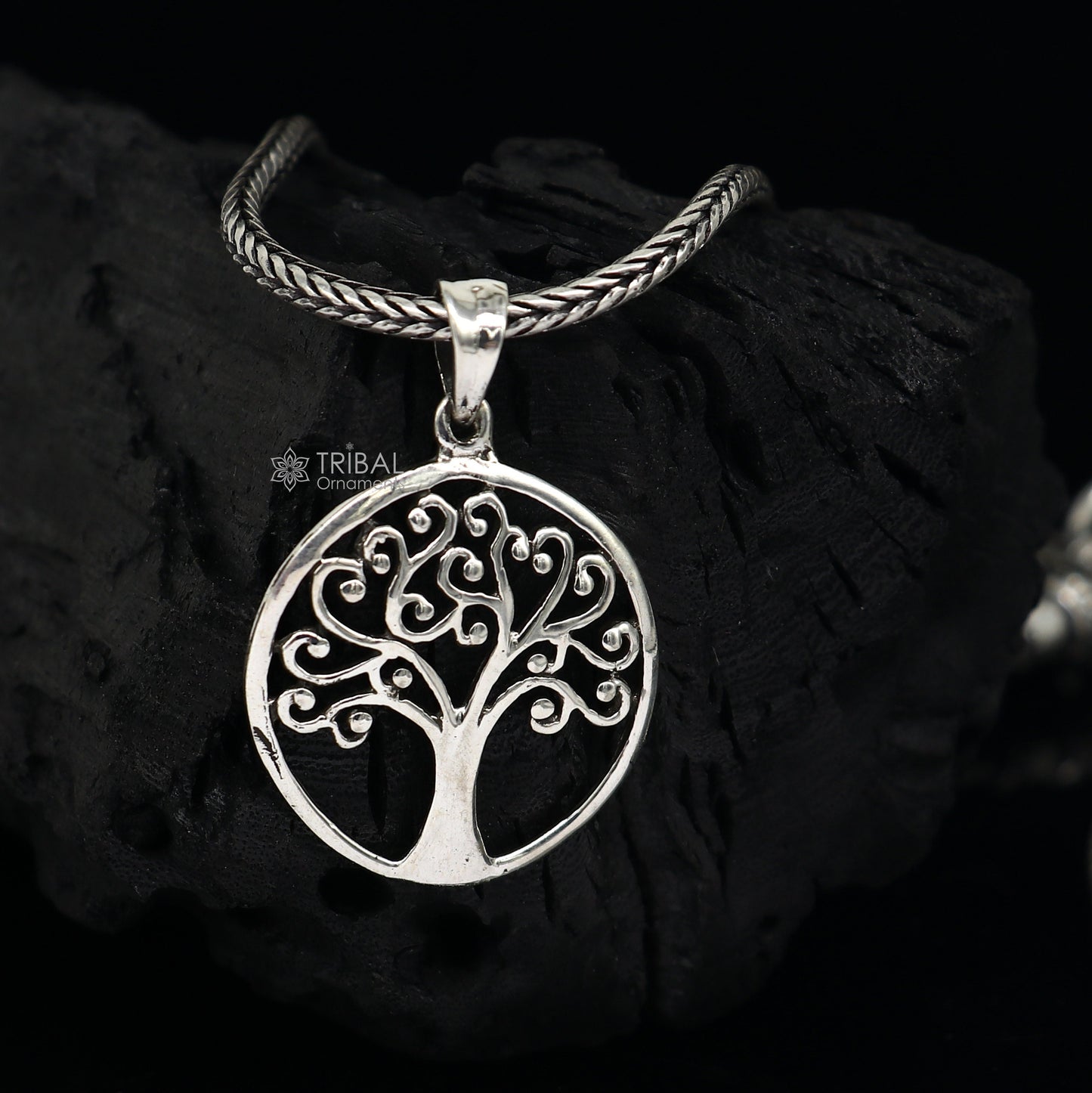925 Sterling silver tree design pendant by Tribal Ornaments, handmade jewelry showcasing a unique, detailed tree motif.