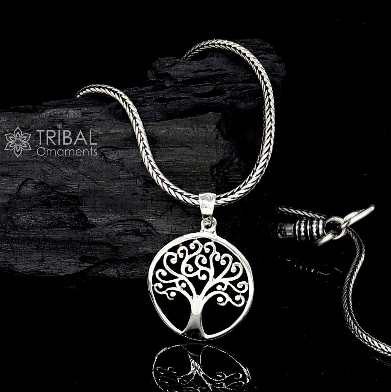 925 Sterling silver Tree design pendant necklace by TRIBAL ORNAMENTS, handmade jewelry from India featuring a unique tree motif.
