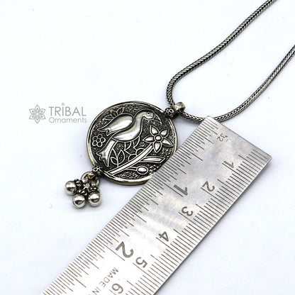 Sterling silver handmade peacock pendant with hanging drops, traditional Indian tribal jewelry by TRIBAL ORNAMENTS.