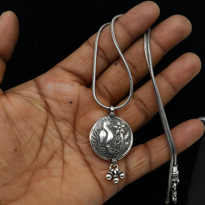 925 sterling silver handmade vintage Indian peacock pendant with hanging drops, traditional tribal jewelry by TRIBAL ORNAMENTS