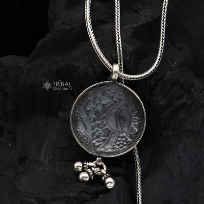 925 sterling silver handmade vintage Indian peacock pendant with hanging drops, traditional tribal jewelry by TRIBAL ORNAMENTS