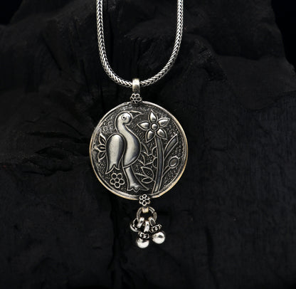 Sterling silver handmade Indian peacock pendant with hanging drops, traditional tribal jewelry by TRIBAL ORNAMENTS.