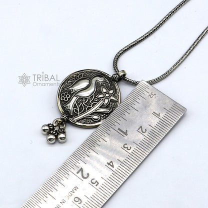 Sterling silver handmade Indian peacock pendant with hanging drops, traditional tribal jewelry by TRIBAL ORNAMENTS.