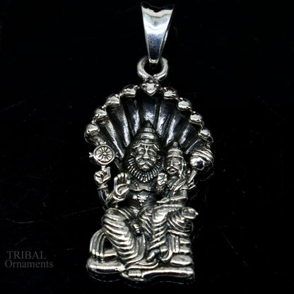 Sterling silver Vishnu with Laxmi pendant, handmade unisex jewelry, detailed Narsimha design, personalized tribal ornament accessory.
